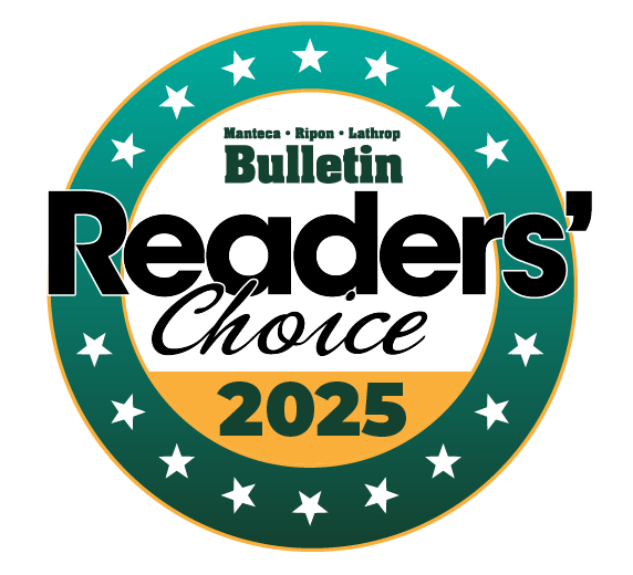 A circular green and gold badge with white stars and the text: Manteca Ripon Lathrop Bulletin Readers Choice 2025. | California Urgent Care Center