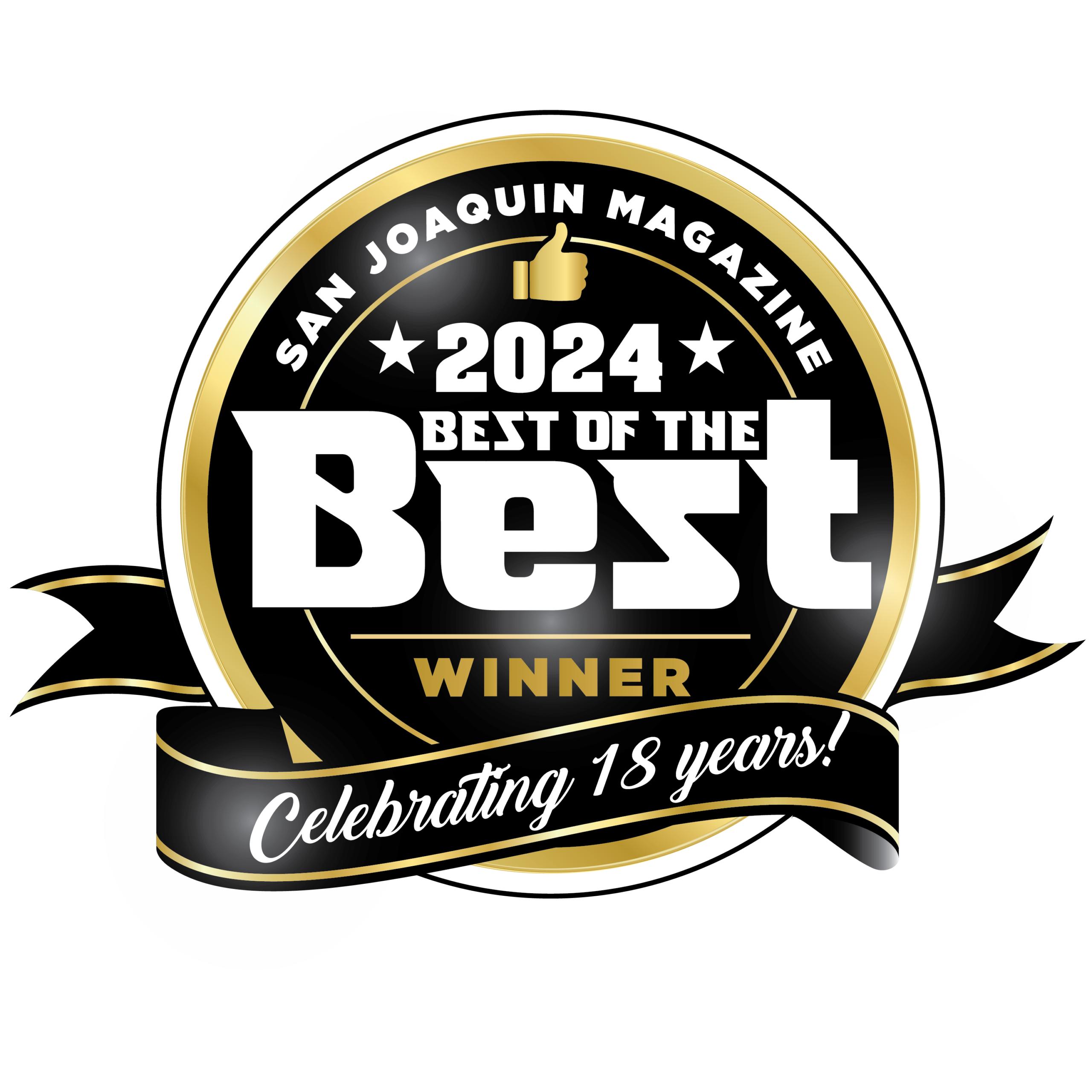 A round black and gold badge reads San Joaquin Magazine 2024 Best of the Best Winner with a thumbs-up icon and a black ribbon below stating Celebrating 18 years!. | California Urgent Care Center