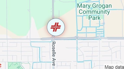 Map showing the location of a medical facility marked with a red cross symbol on Roselle Ave, near Mary Grogan Community Park. Streets and park areas are lightly labeled in background. | California Urgent Care Center