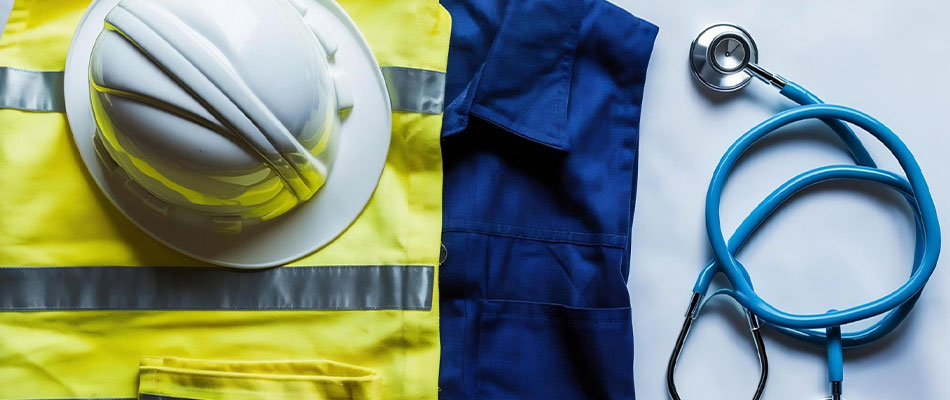 A white hard hat and yellow reflective safety vest are laid next to a blue work uniform and a stethoscope, representing construction and medical professions. | California Urgent Care Center