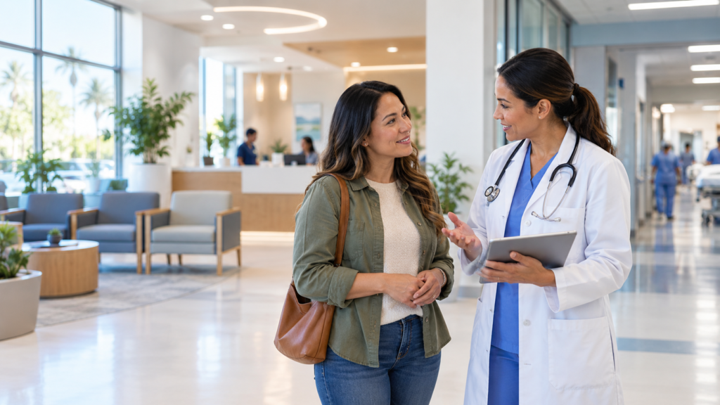 Patient speaking with a clinician while deciding between urgent care and emergency care