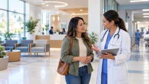 Patient speaking with a clinician while deciding between urgent care and emergency care