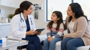 Parent and child discussing respiratory symptoms and testing with an urgent care clinician