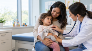 Parent comforting a young child during a pediatric respiratory evaluation