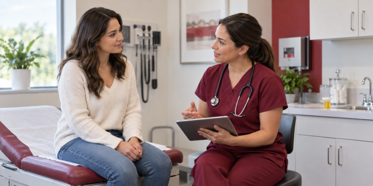 Patient discussing urinary tract infection symptoms with an urgent care clinician