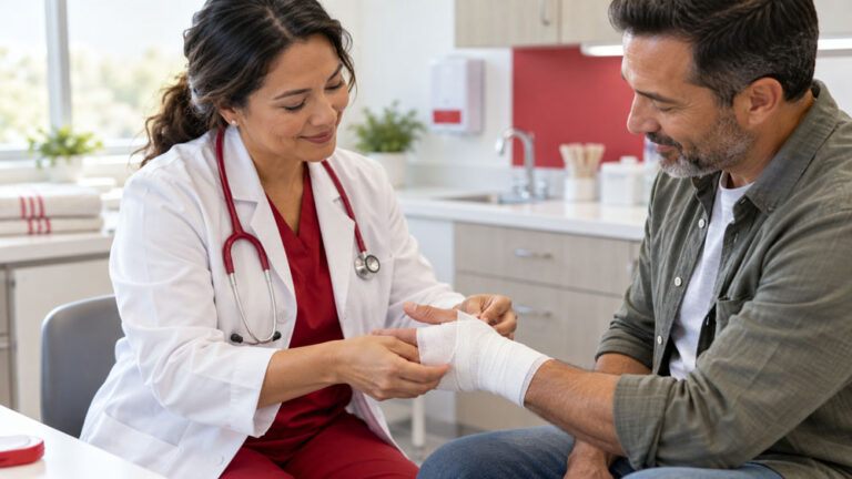 Urgent care clinician bandaging a patient’s minor kitchen cut