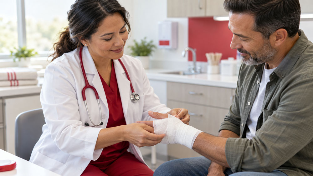 Urgent care clinician bandaging a patient’s minor kitchen cut